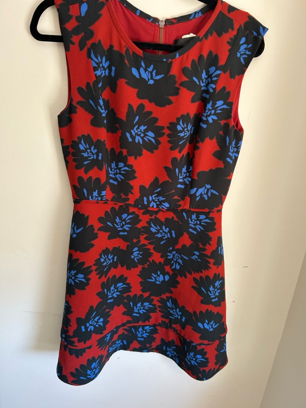 J. Crew Red Mini Dress with Black and Blue Floral Print